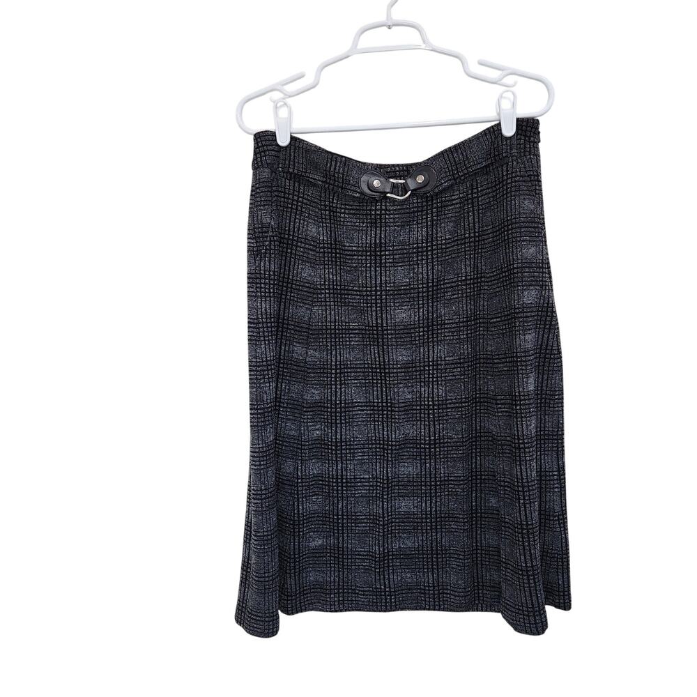Christopher & Banks Plaid Pattern A-Line Skirt Midi Side Zip Black Gray Size 10